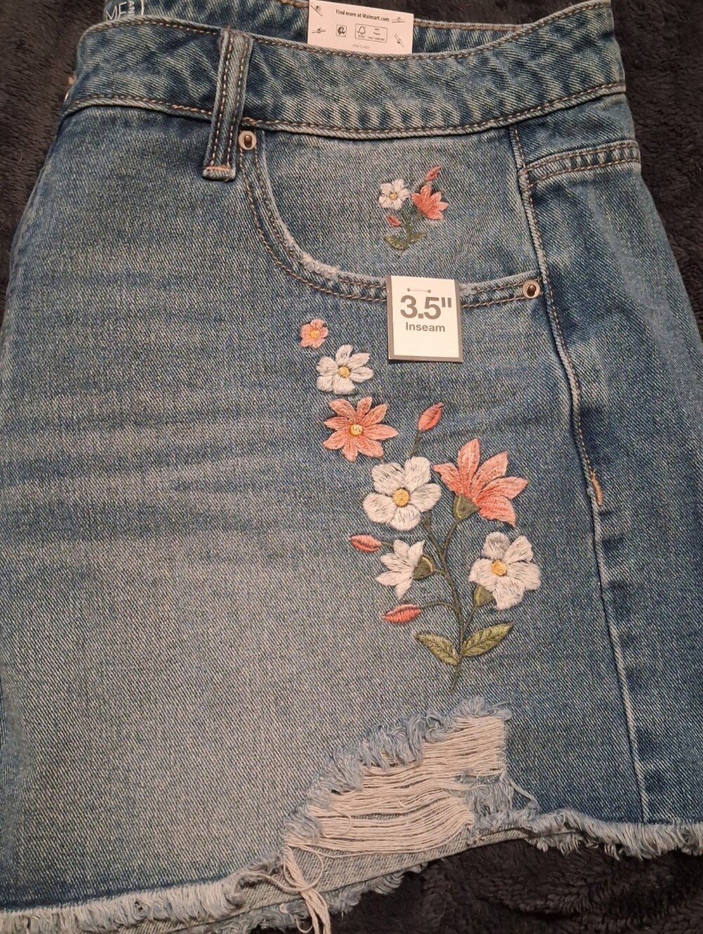 Time and Tru Embroidered Denim Shorts - Blue with Pink & White Flowers